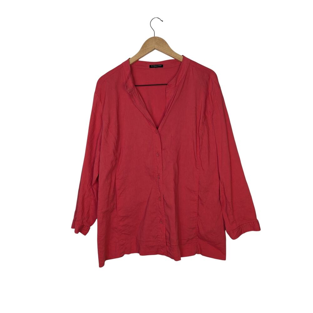 Eileen Fisher Dark Coral Linen‑Blend Lagenlook Button‑Down Top 1X Fit